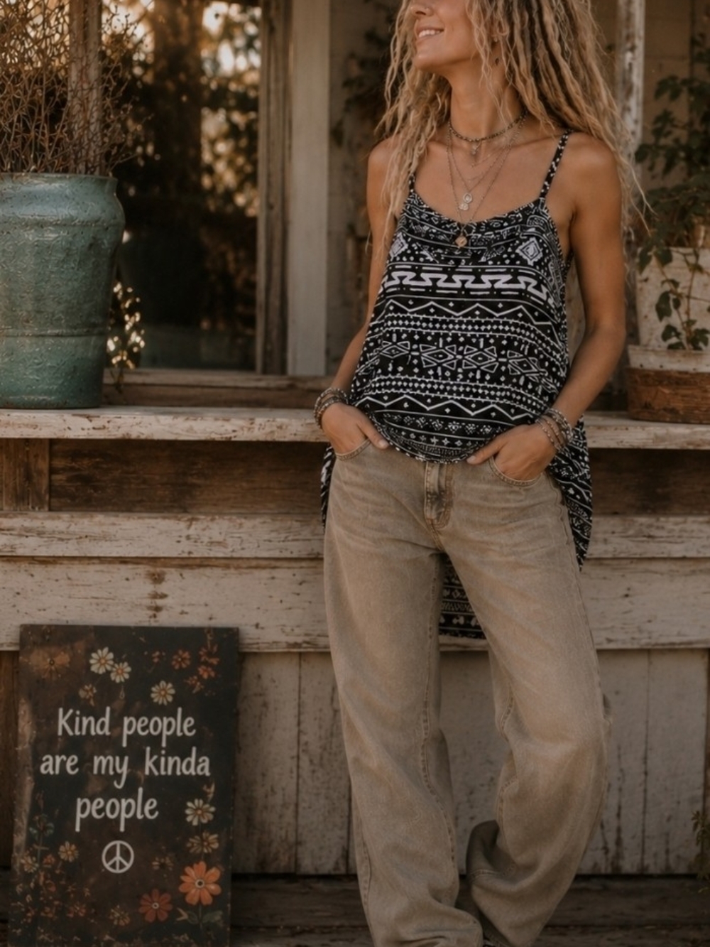 4/$15 Boho Indie Tribal Patterned Spaghetti Strap Tank Top Womens Shirt Sz M